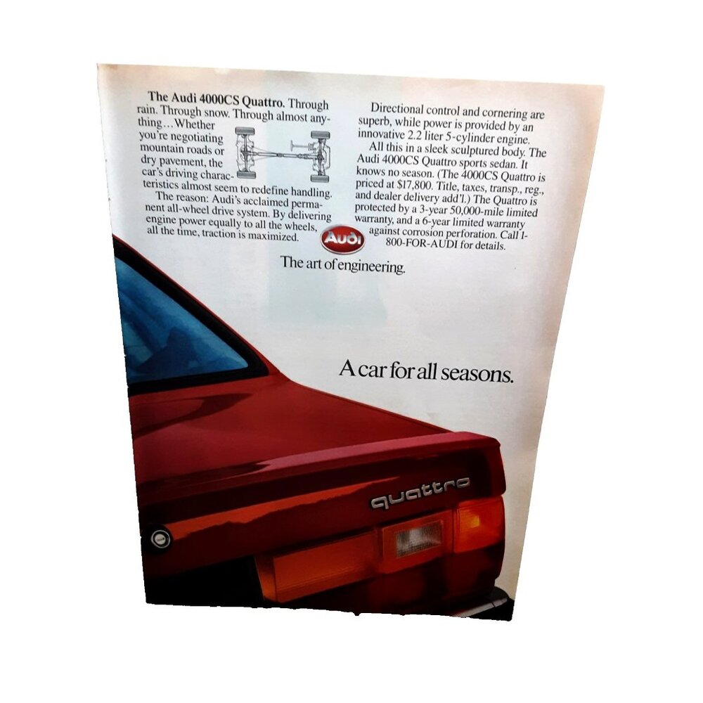 1986 Audi 4000CS Quattro Vintage Print Ad A Car For All Seasons